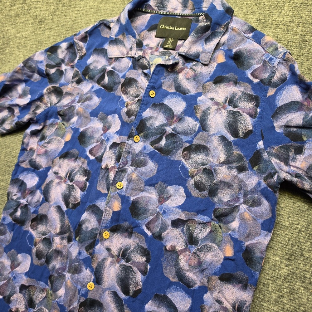 Christian Lacroix Mens S Blue Watercolor Floral Hawaiian Beach Camp Shirt